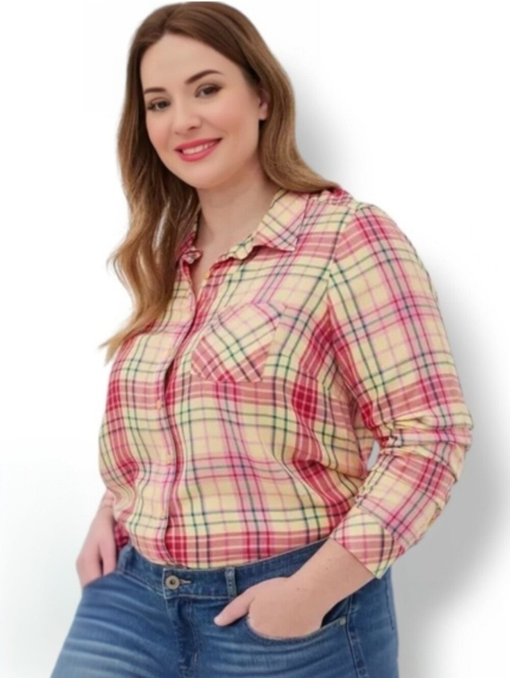 NWT Torrid Lizzie Plaid Rayon Button Up Shirt 4X Yellow Pink Green